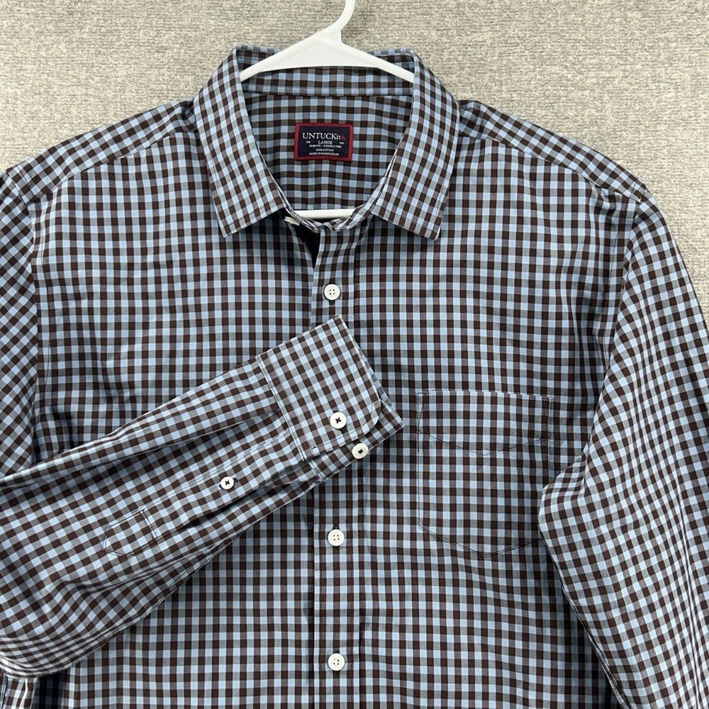 UNTUCKit Mclaren Slim Fit Shirt Men Sz Large Blue Checked Long Sleeve Button Up‎